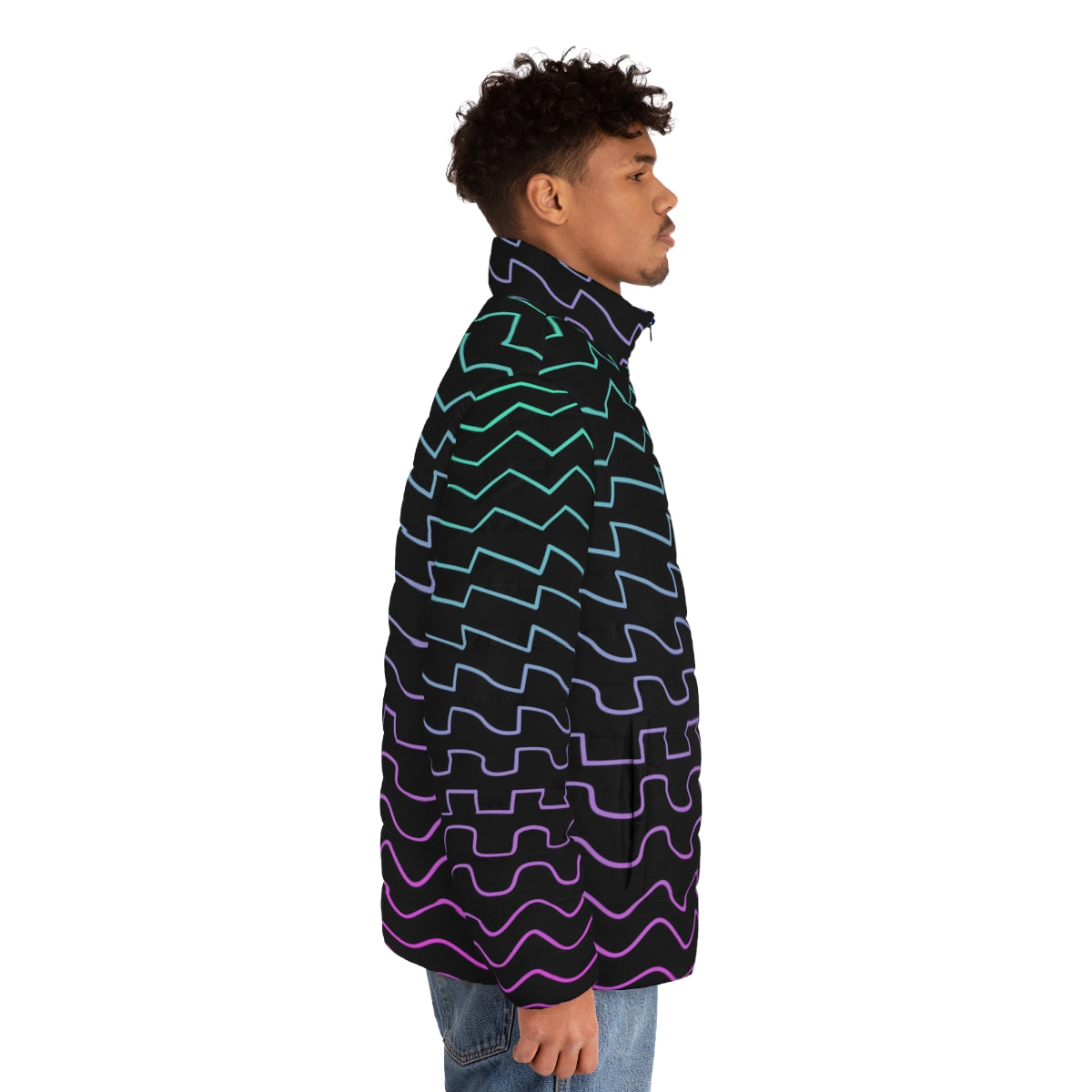 Puffer jacket featuring synthesizer waveforms design, perfect for electronic musicians and synth players. - men side right