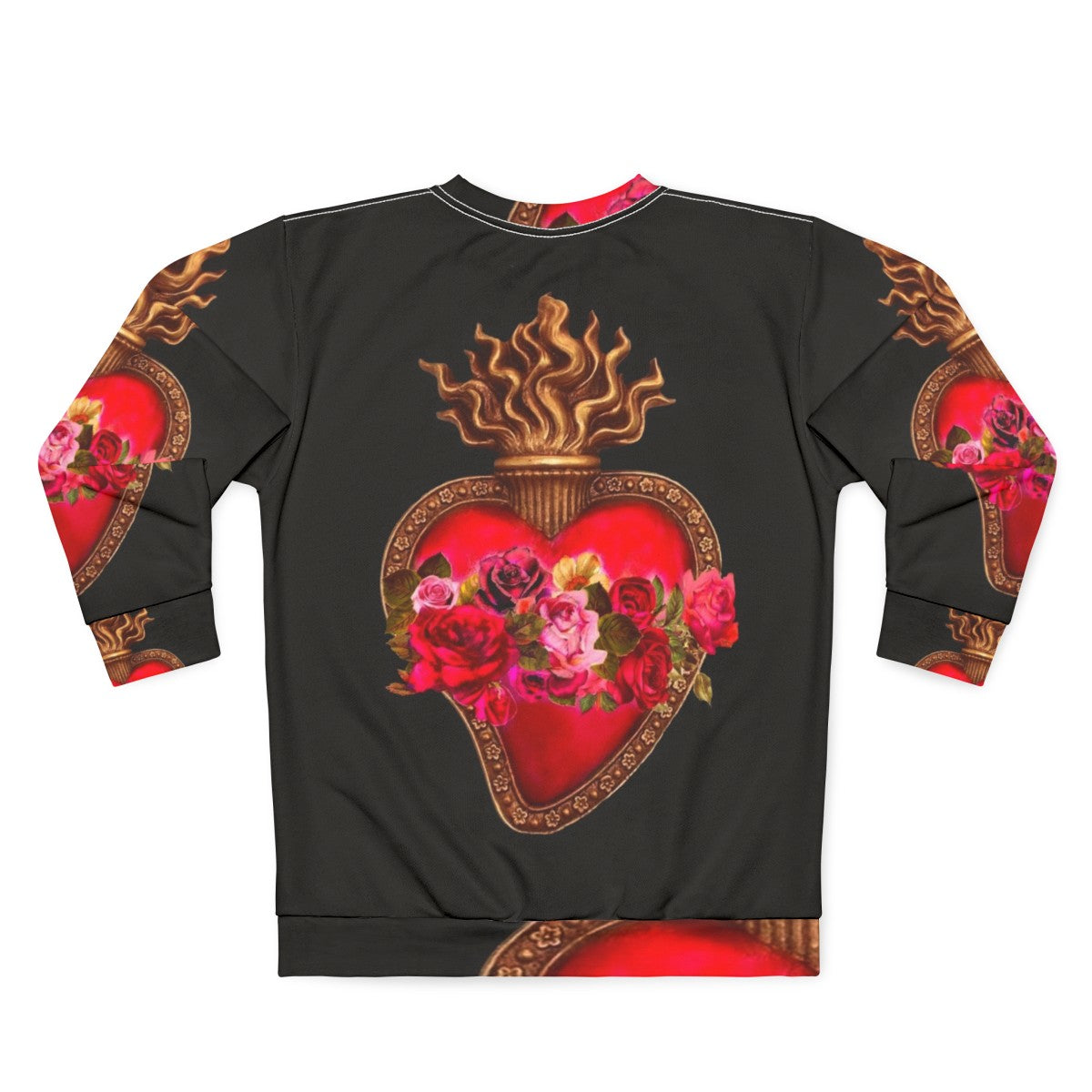 Vibrant sacred heart and immaculate heart red flaming heart design on a red sweatshirt - Back