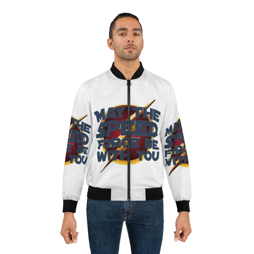 Arrowverse superhero bomber jacket with "May the Speed Force Be With You" design, featuring elements from The Flash and other CW shows. - Lifestyle