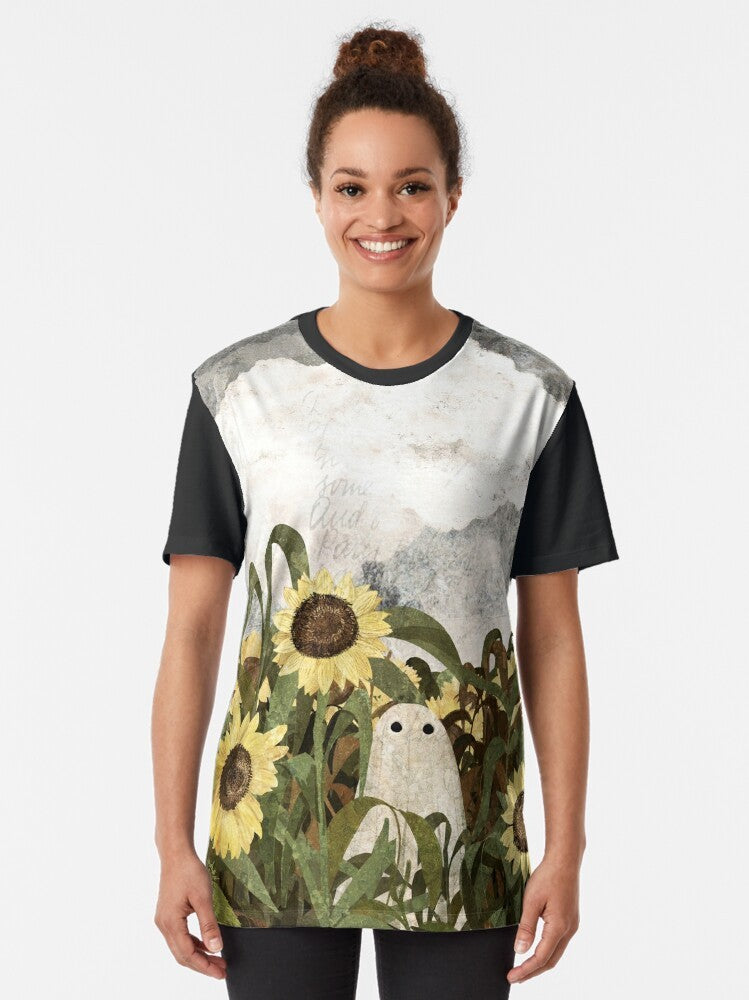 Graphic t-shirt design featuring a ghost in a sunflower field - Women