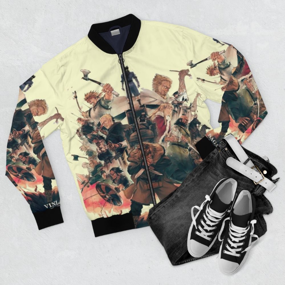 Vinland Saga Bomber Jacket with Viking and Anime Inspired Design - Flat lay