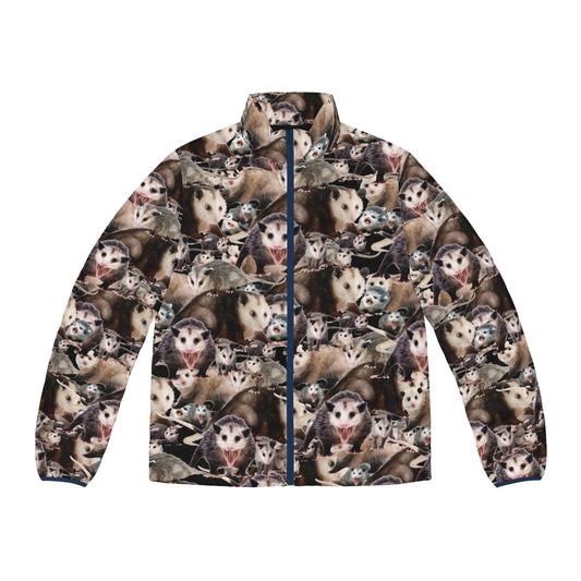 A puffer jacket with a cute opossum graphic, perfect for nature and animal lovers