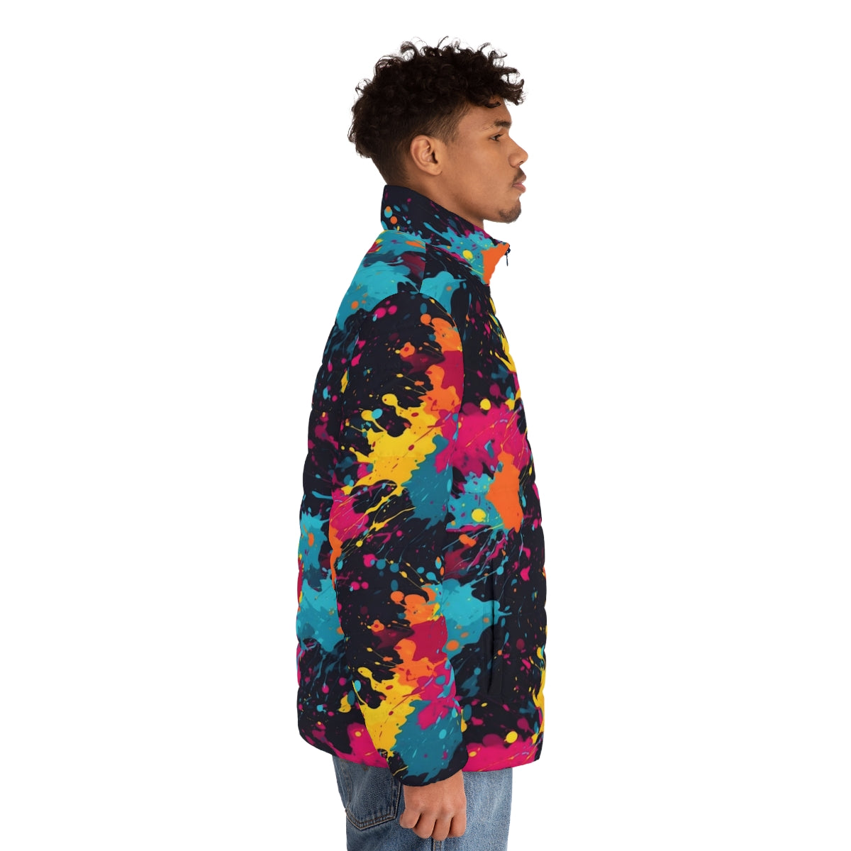 Vibrant neon paint splatter puffer jacket, featuring a bold, abstract design - men side right