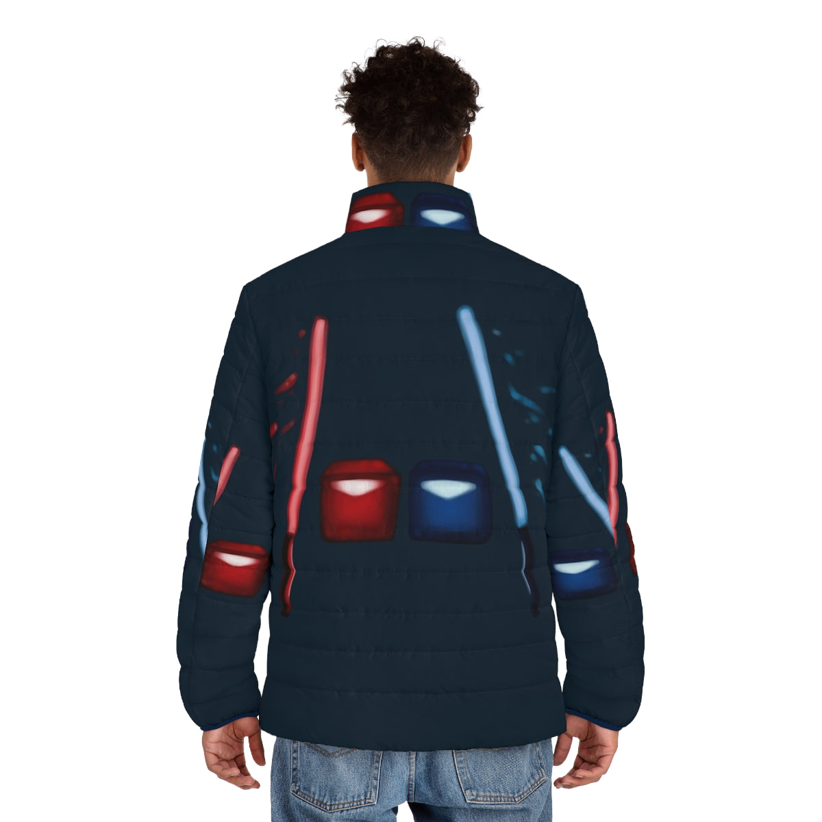 Artsy Beat Saber Puffer Jacket featuring custom cubes and blocks - men back