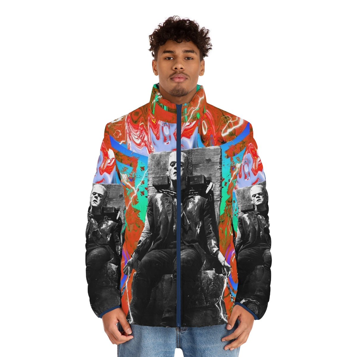 Frankenstein-inspired puffer jacket with a modern, colorful design - men front