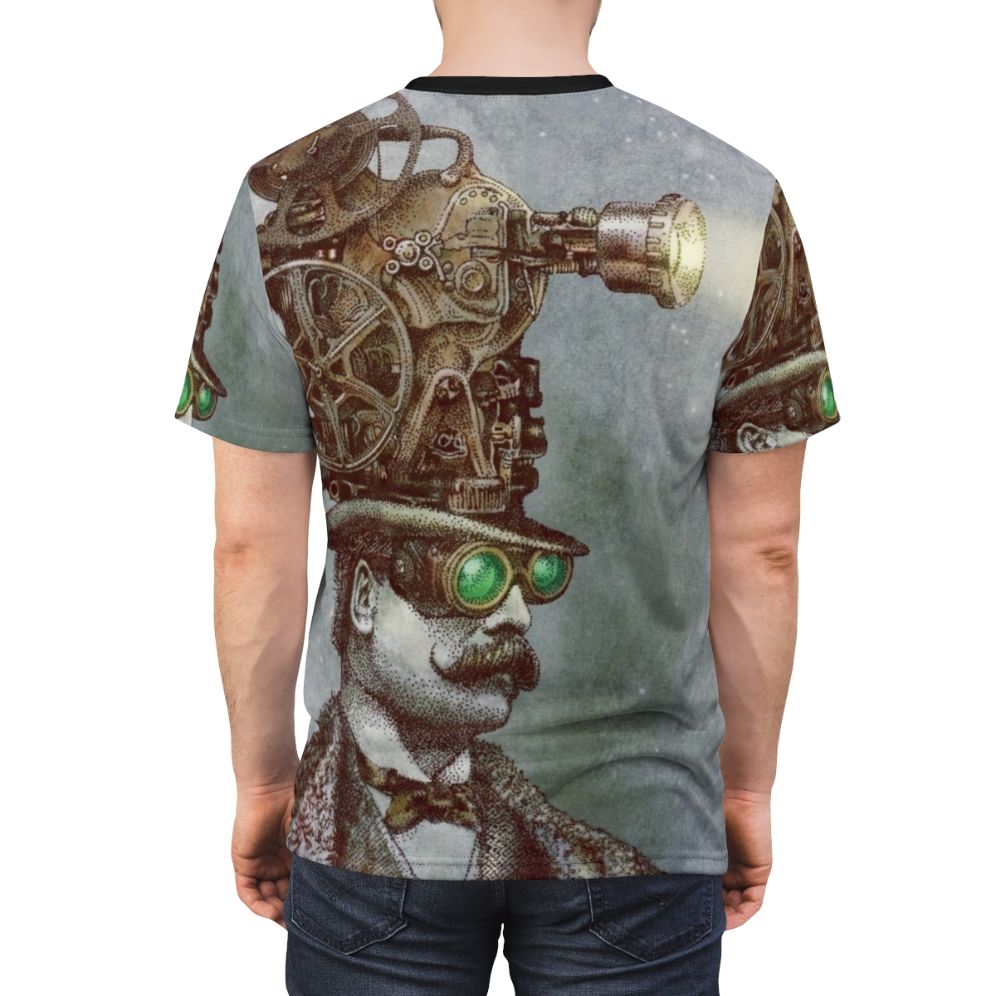 Steampunk-inspired t-shirt design featuring a projector, top hat, moustache, and surreal space elements. - men back