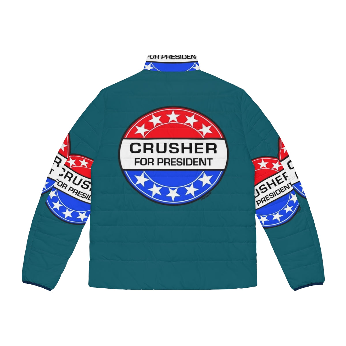 Retro sci-fi puffer jacket featuring Crusher for President design - Back