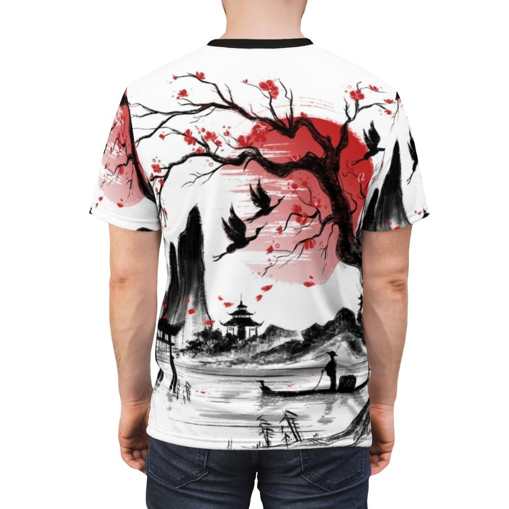 Sketch illustration of a Japanese landscape with a red sun and sakura cherry blossoms - men back