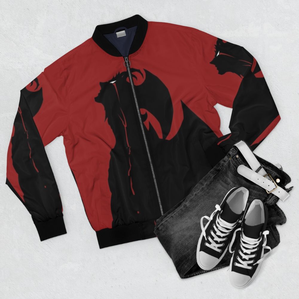 Devilman Crybaby anime-inspired bomber jacket with red and black colors - Flat lay