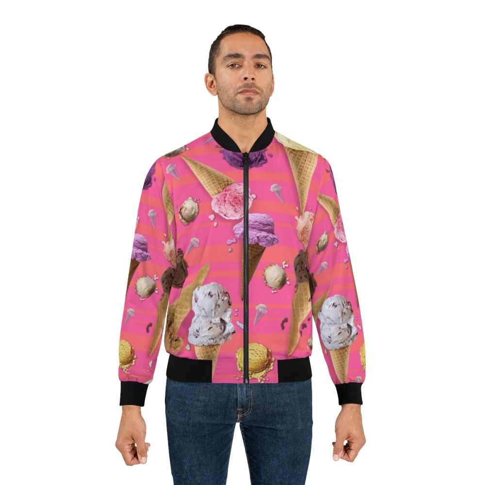 Colorful bomber jacket featuring a digital ice cream design with melting ice cream cones, blobs, and repeating patterns - Lifestyle