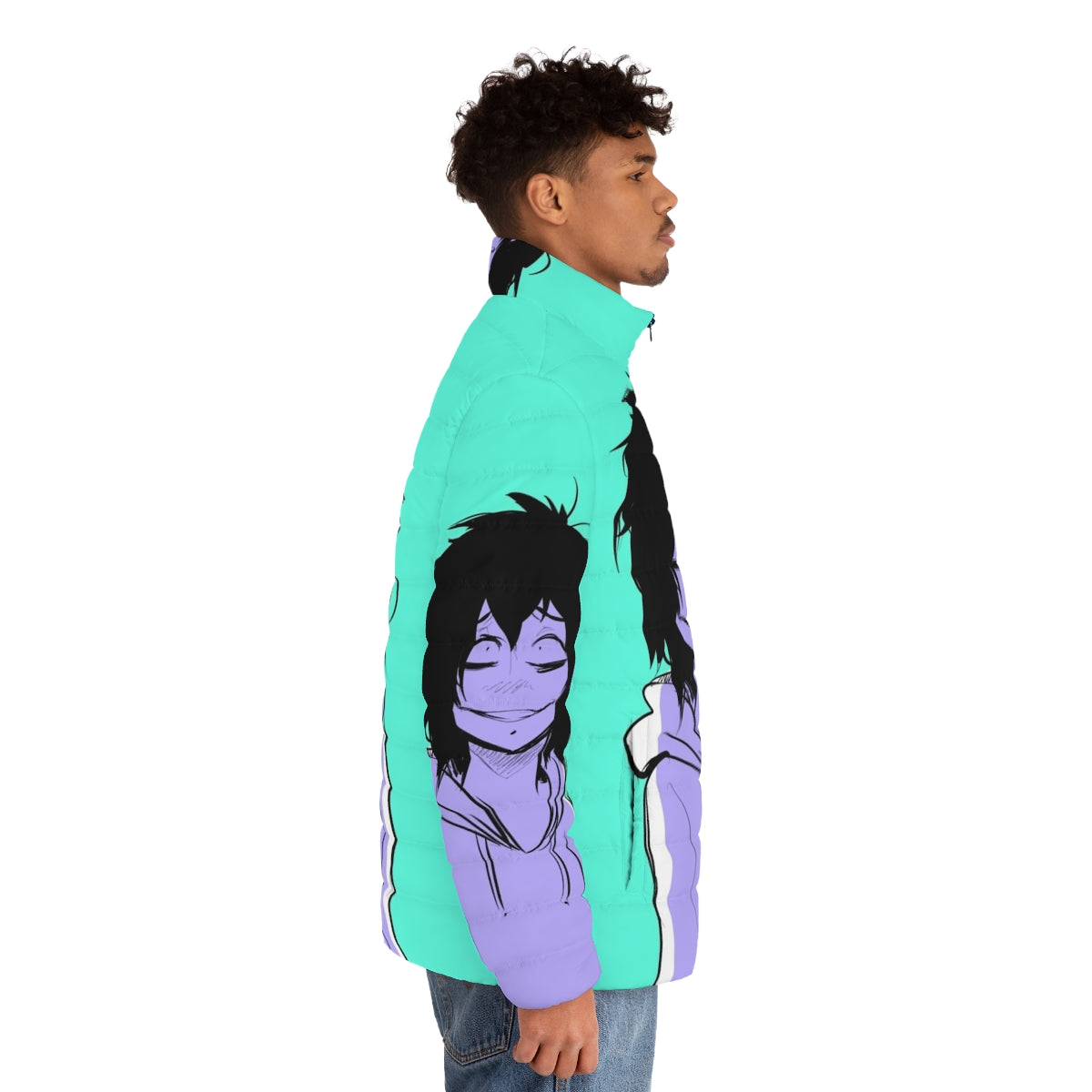 "Spooky Jeff the Killer inspired puffer jacket, perfect for horror fans" - men side right