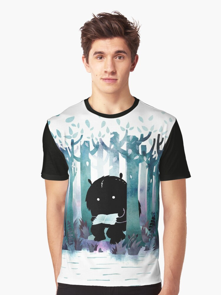 Whimsical "A Quiet Spot" graphic t-shirt featuring a watercolor monster reading books in a forest setting - Men