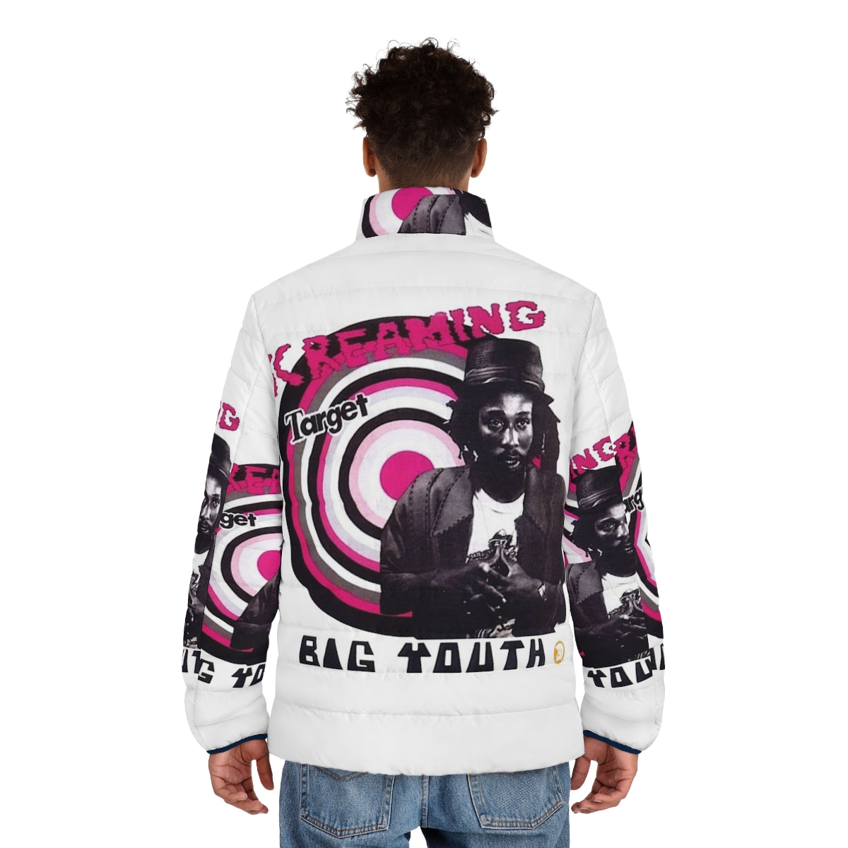 Youth wearing a 70s-style puffer jacket with a reggae-inspired screaming target design - men back