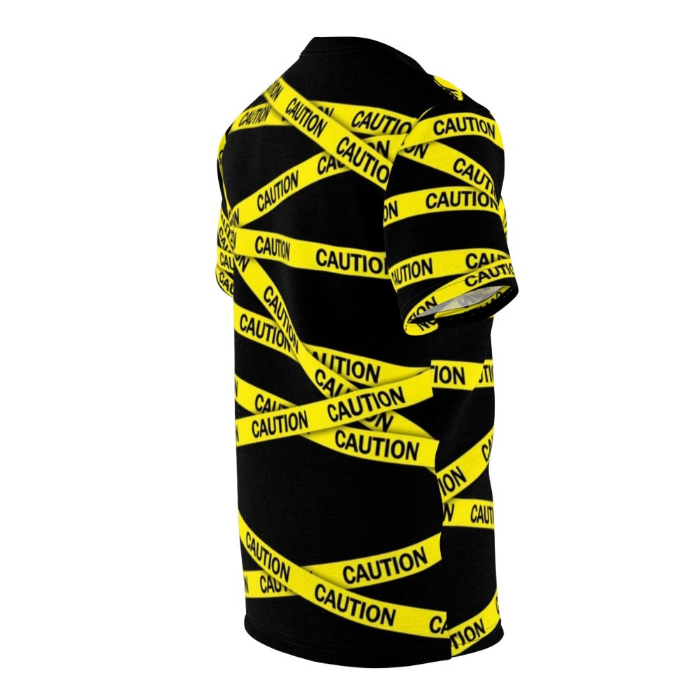 Bright yellow t-shirt with caution tape inspired design, warning and attention graphic - men right