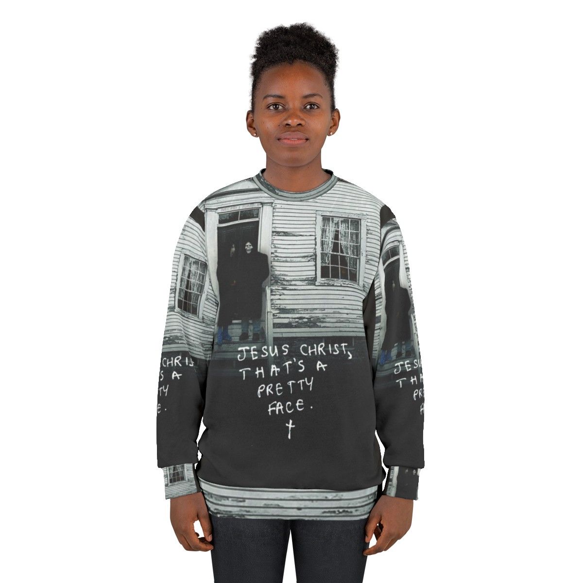 A new brand sweatshirt featuring a graphic design of Jesus Christ - women