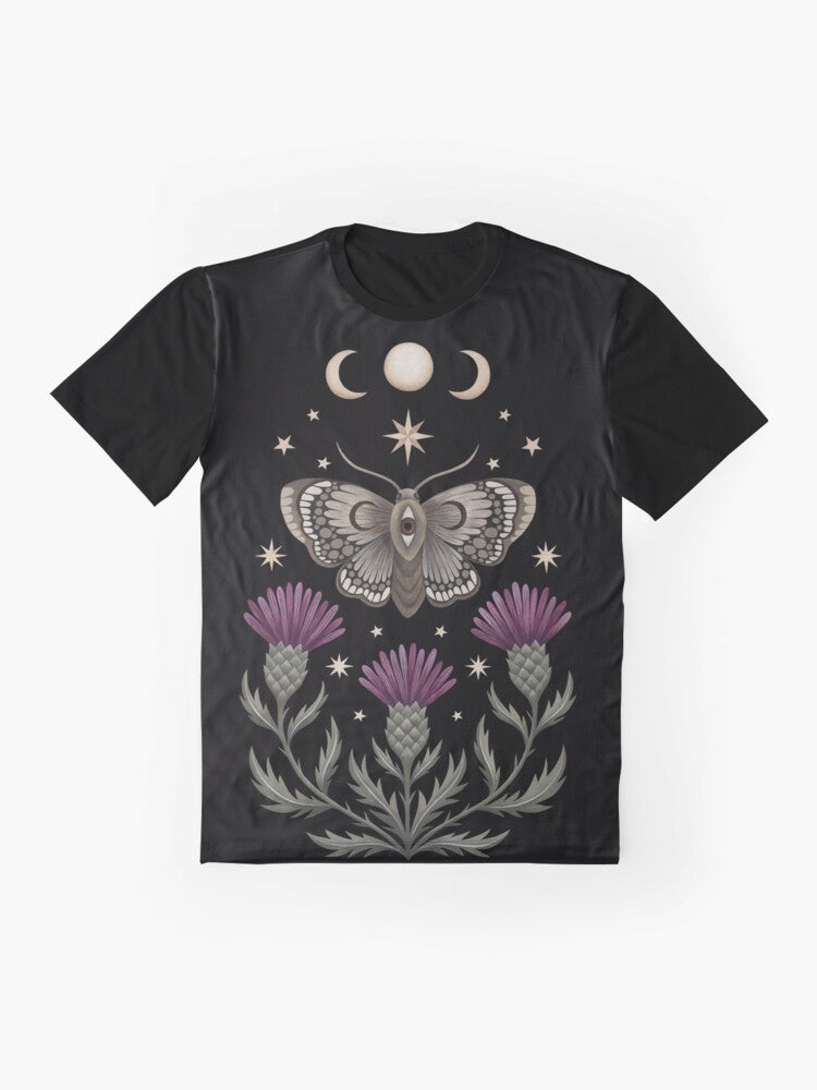 Graphic t-shirt design featuring a moth, thistle, and crescent moon with a witchy, nature-inspired aesthetic. - Flat lay