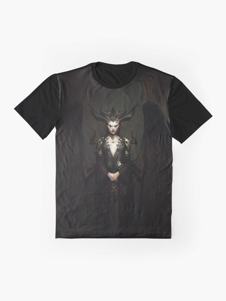 Diablo 4 Lilith graphic tshirt featuring the demonic sorceress Lilith from the upcoming Diablo 4 game by Blizzard - Flat lay