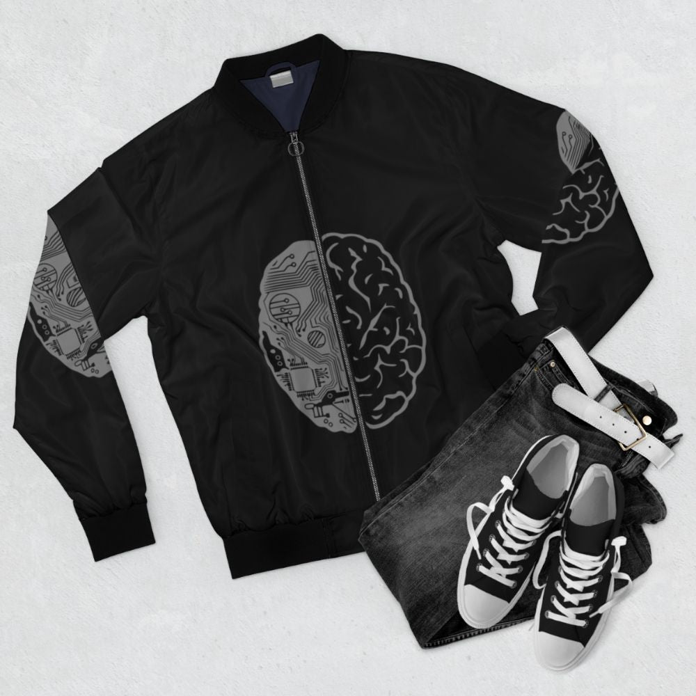 A grey bomber jacket with a "Coding Brain" graphic design for computer programmers and software engineers. - Flat lay