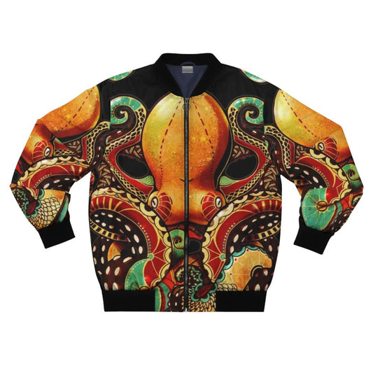 Octopus-themed bomber jacket with abstract, tribal, and tentacle design