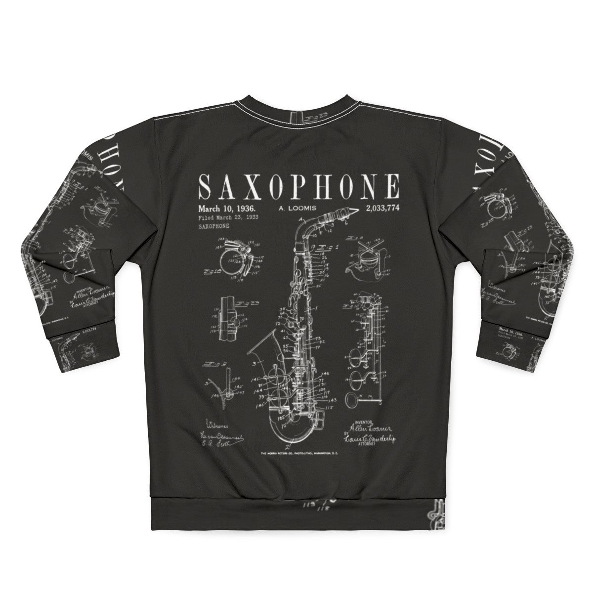 Vintage saxophone patent drawing print on sweatshirt - Back