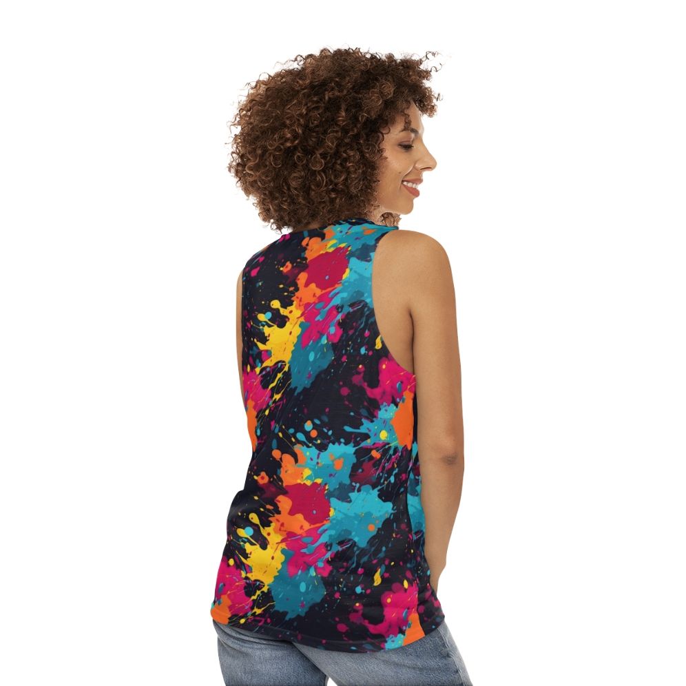 Colorful paint splatter design on a unisex tank top - women back