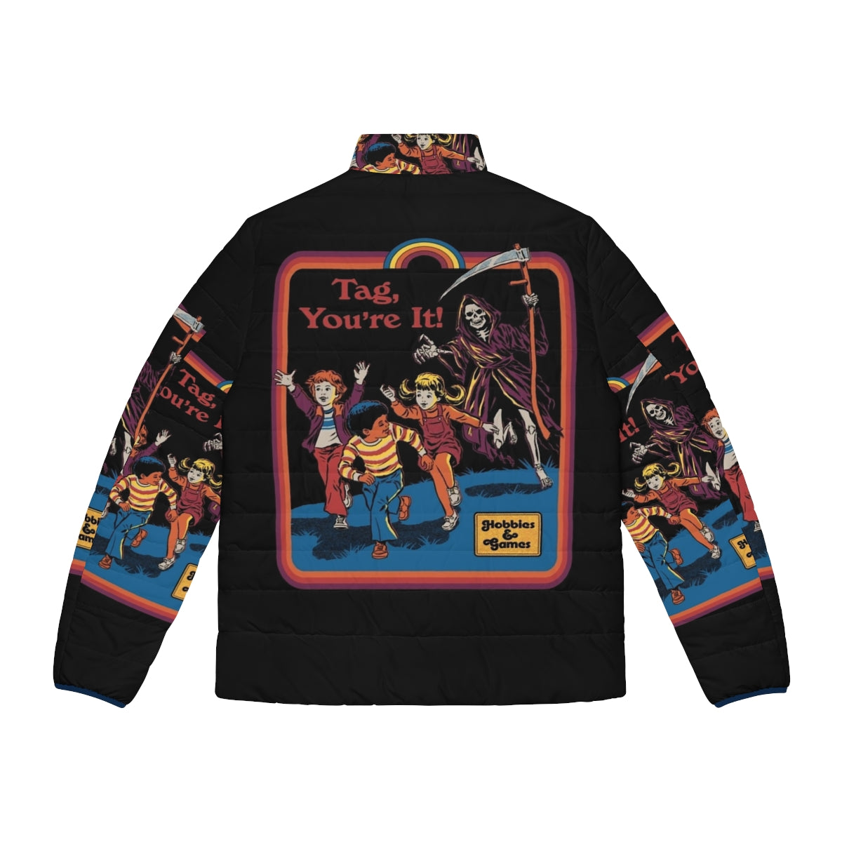 Retro puffer jacket with spooky grim reaper design - Back