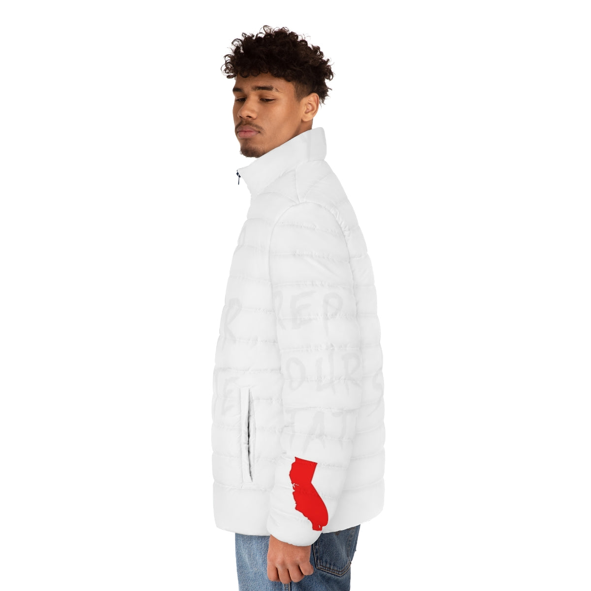 California-themed puffer jacket with state design - men side left