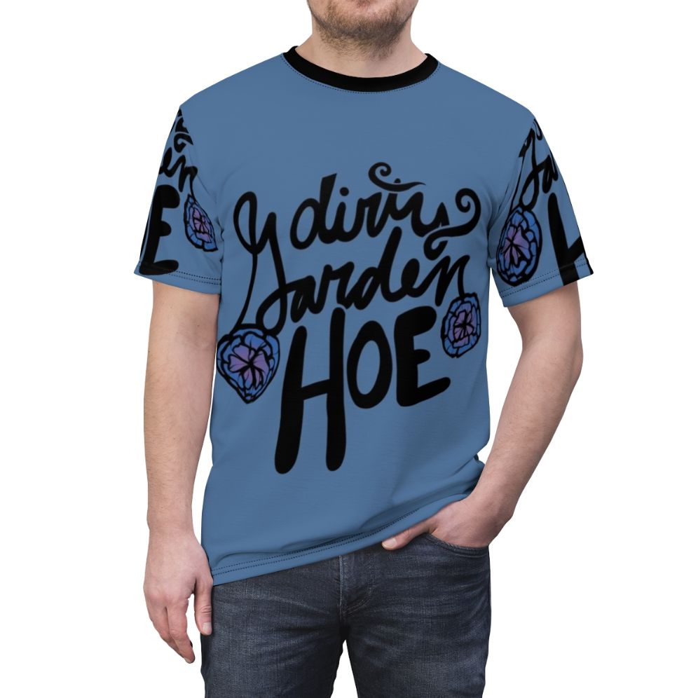 Graphic t-shirt featuring a design of a garden hoe, perfect for gardening enthusiasts. - men front