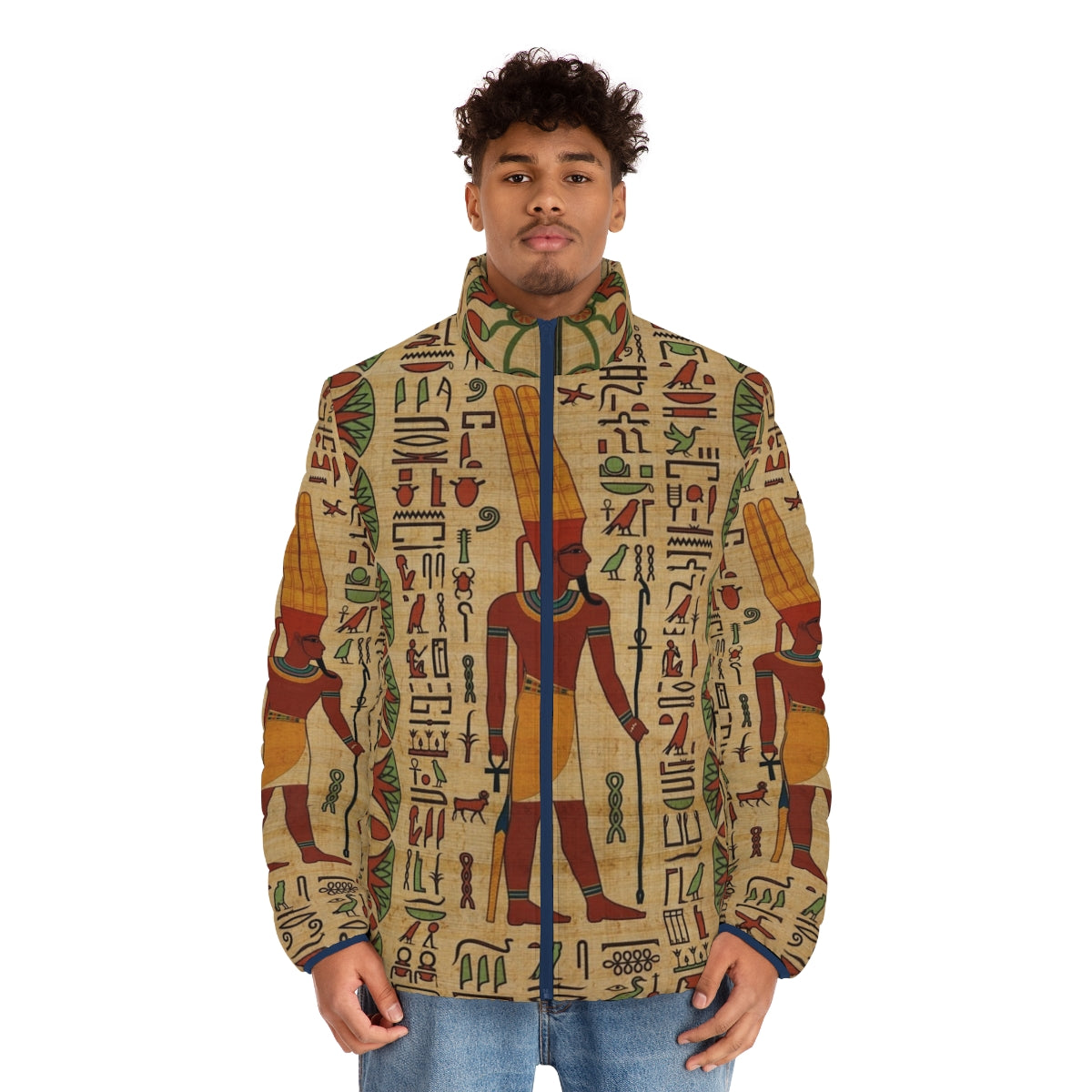 Amun Ra puffer jacket with ancient Egyptian hieroglyphic and papyrus motif - men front