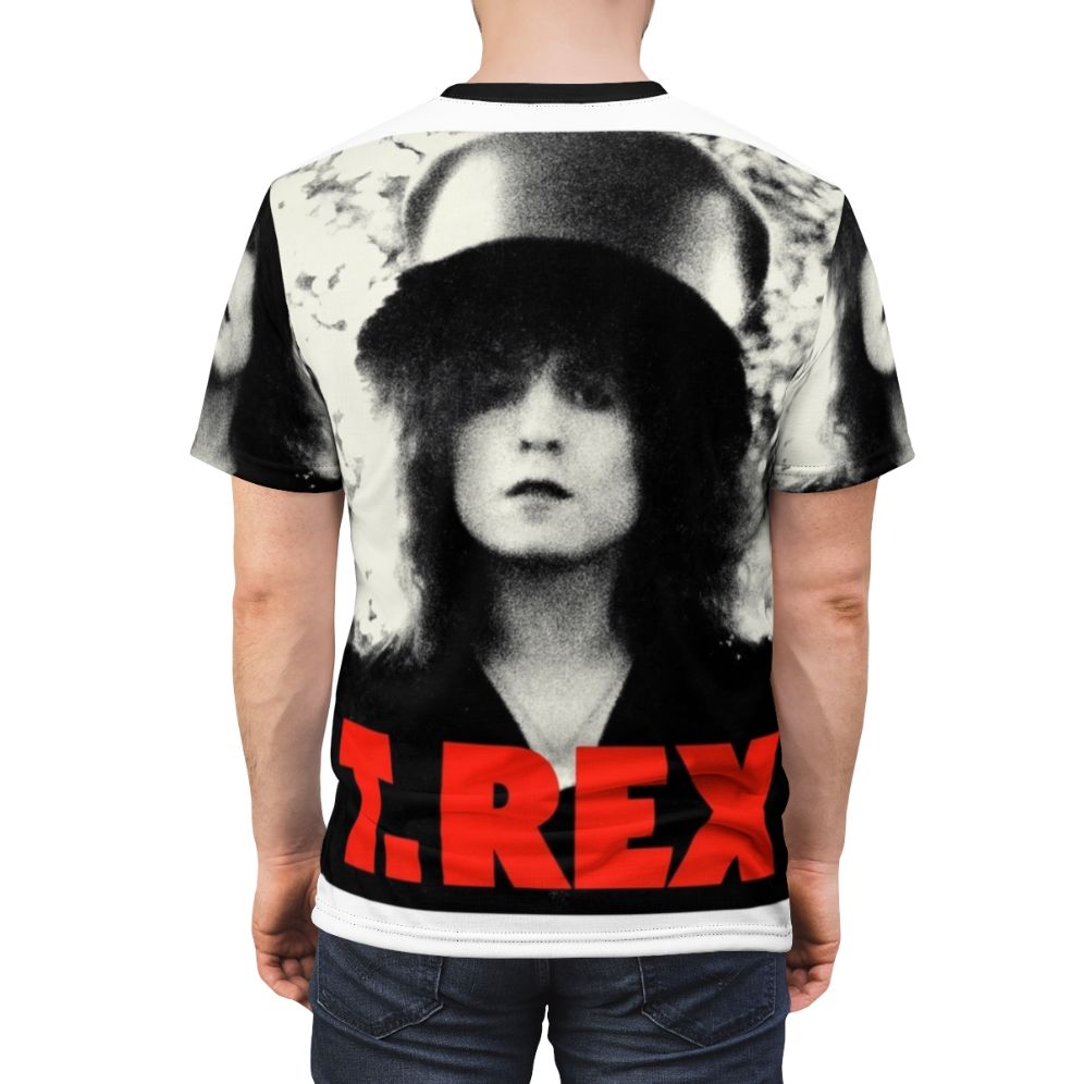 Vibrant AOP t-shirt featuring a stylized T-Rex design, perfect for fans of the glam rock era and the music of Marc Bolan. - men back