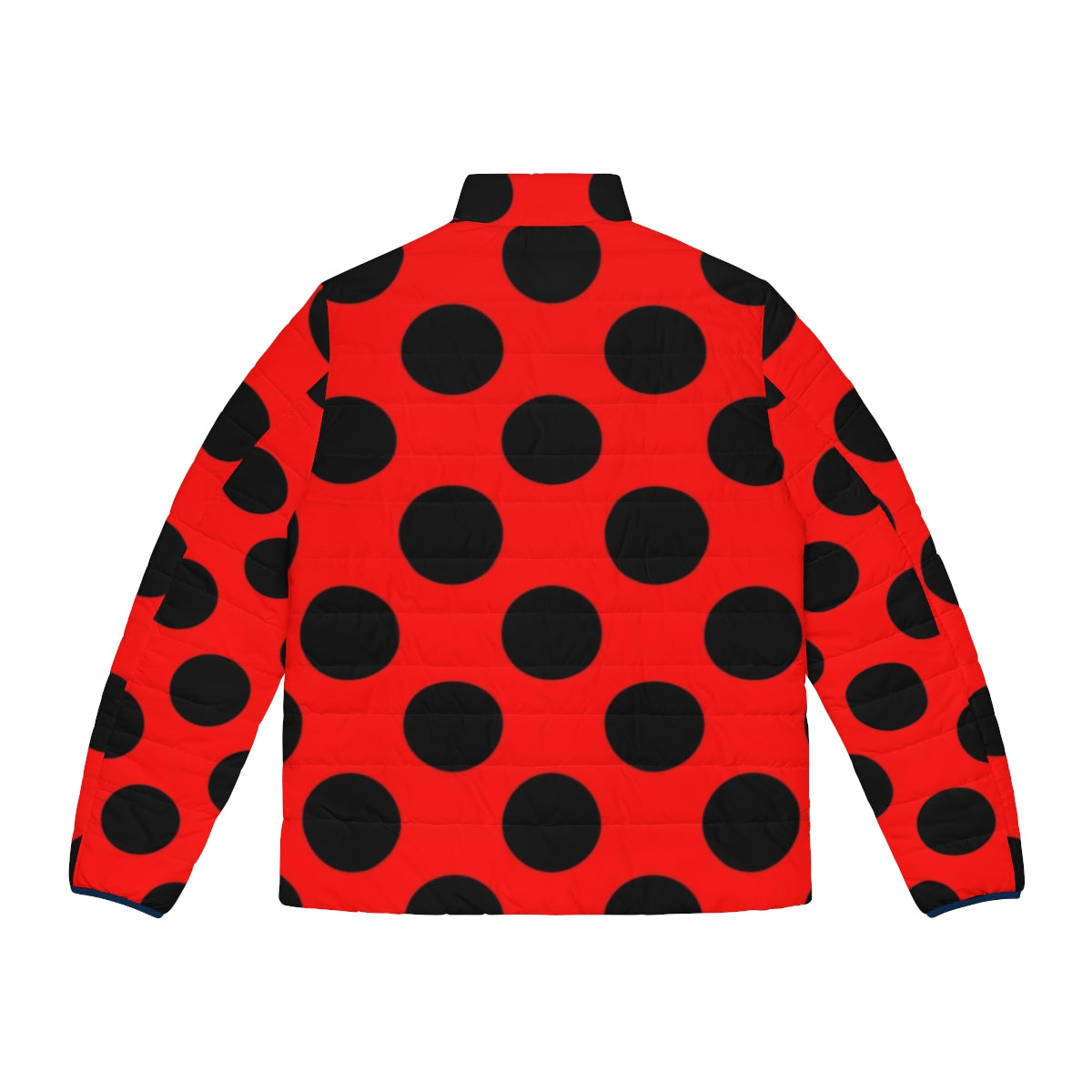 Woman wearing a red and black polka dot lady bug puffer jacket - Back