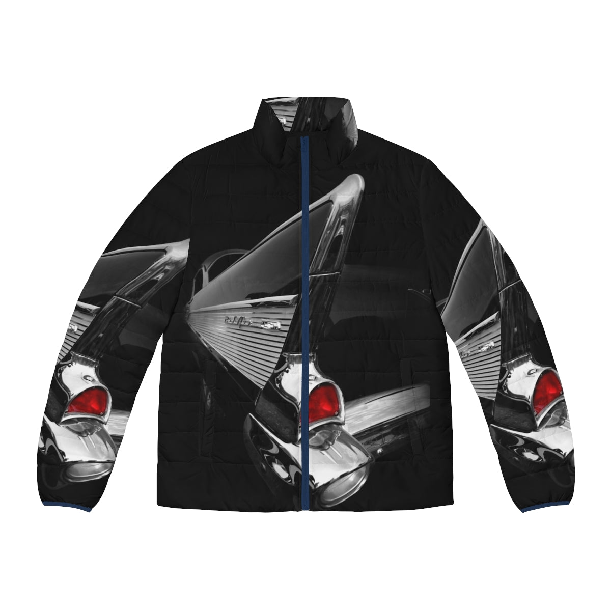 Puffer jacket inspired by the iconic 1957 Chevy Bel Air in a sleek black color