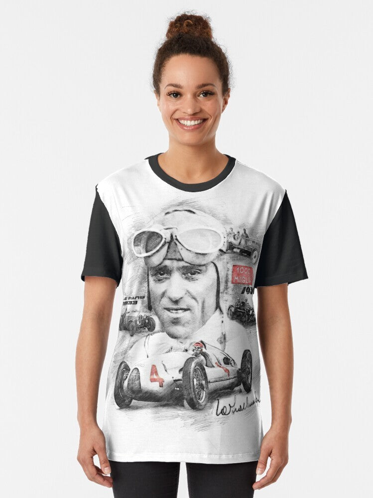 Vintage motorsports graphic t-shirt featuring legendary racing driver Tazio Nuvolari - Women