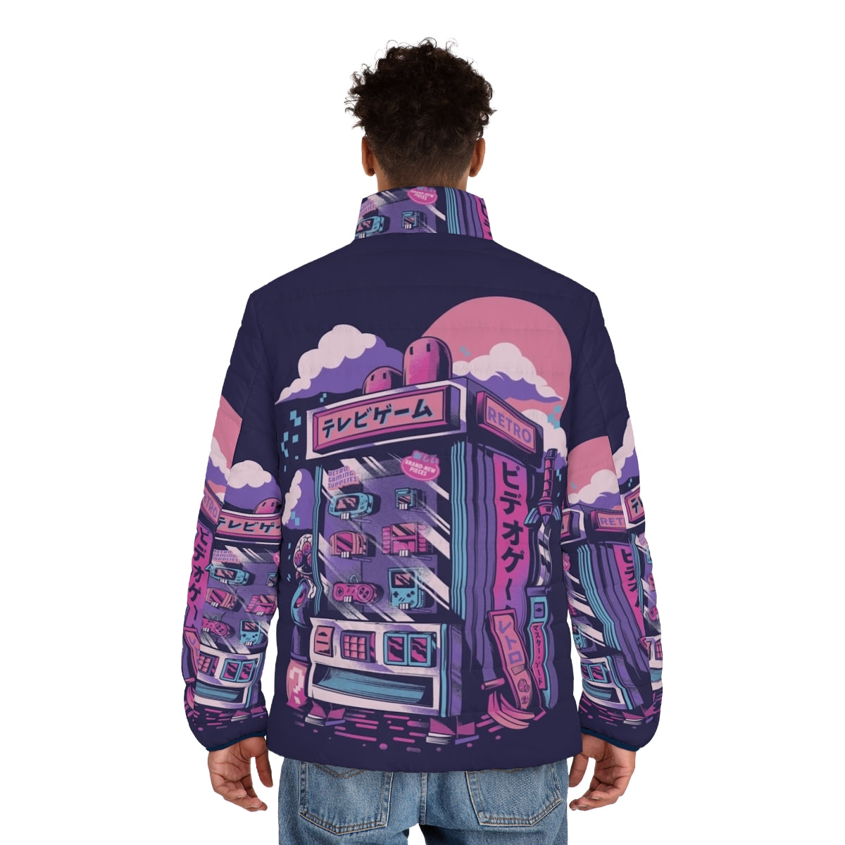 Retro gaming puffer jacket with vibrant 80s inspired pixel art graphics - men back