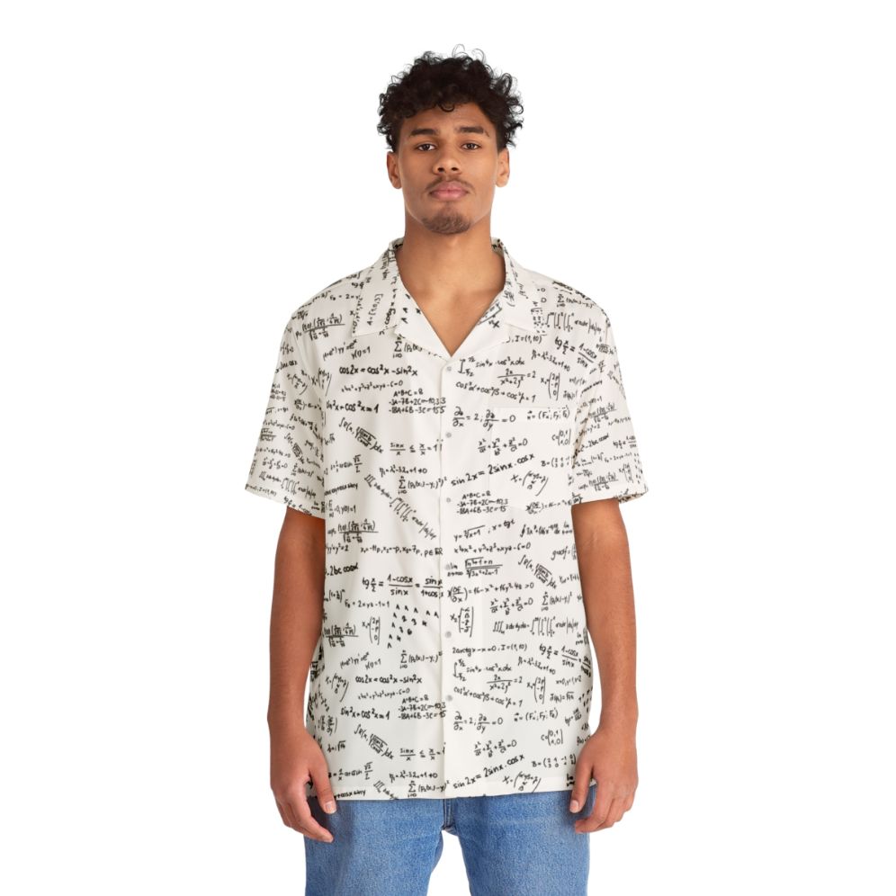 Math formulas and numbers printed on a colorful Hawaiian-style shirt - People Front