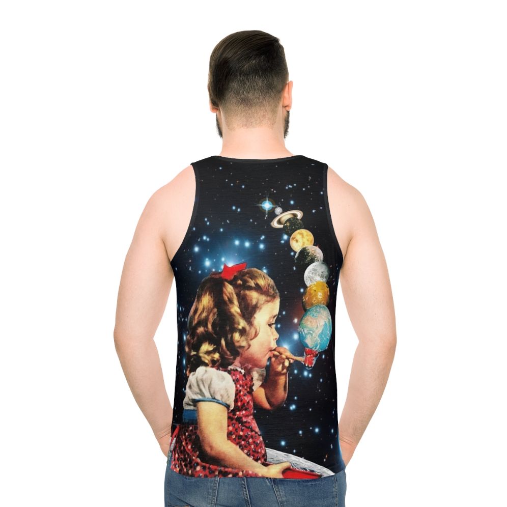 Psychedelic unisex tank top with surreal, vintage-inspired design - men back