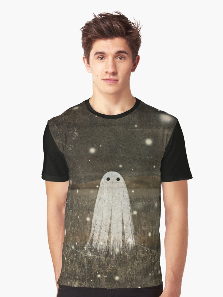 Vintage-style graphic t-shirt featuring glowing fireflies or lightning bugs against a dark, haunted background - Men