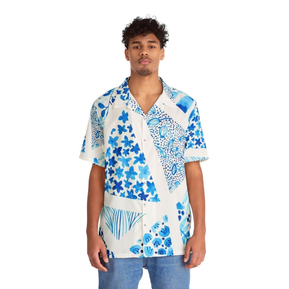 Blue abstract pattern Hawaiian shirt with nature-inspired design - People Front