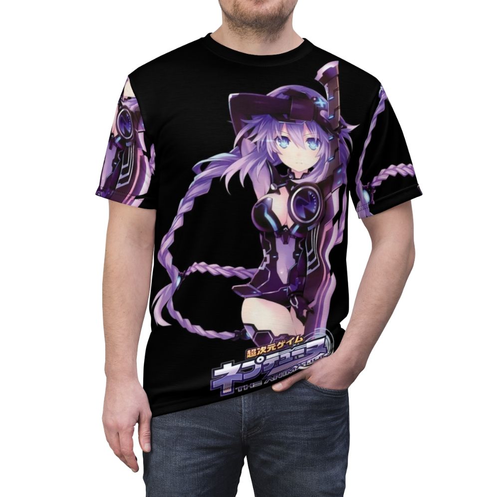 Anime-inspired t-shirt design featuring the character Purple Heart from the Hyperdimension Neptunia series, holding a glowing sword. - men front