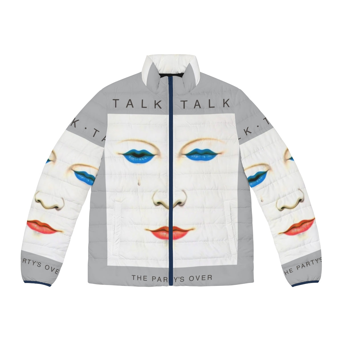 Grey puffer jacket with Talk Talk band logo and "The Party's Over" text