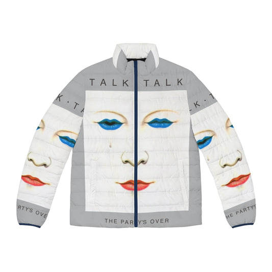 Grey puffer jacket with Talk Talk band logo and "The Party's Over" text