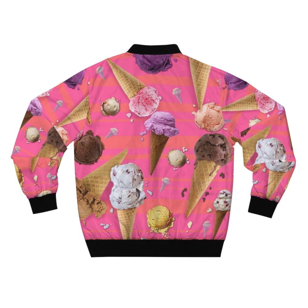 Colorful bomber jacket featuring a digital ice cream design with melting ice cream cones, blobs, and repeating patterns - Back