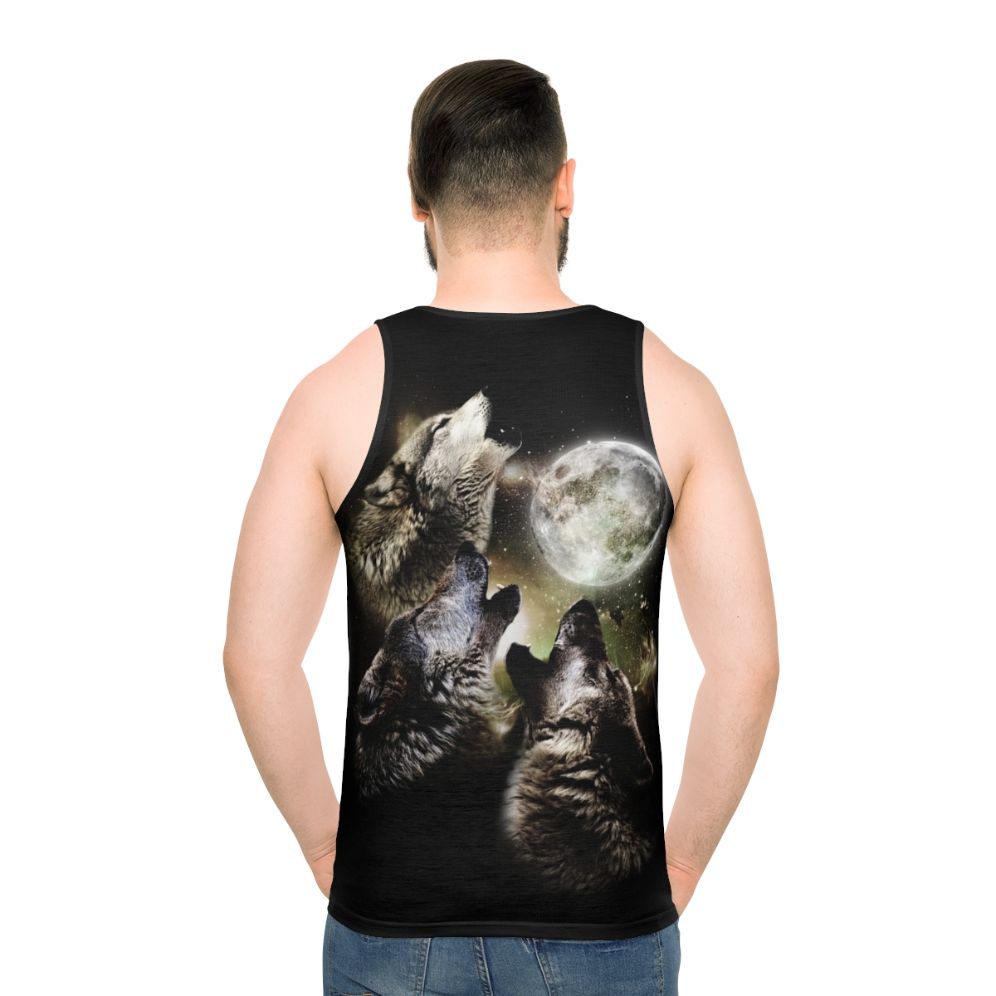 Three wolves howling at the moon on a unisex tank top - men back