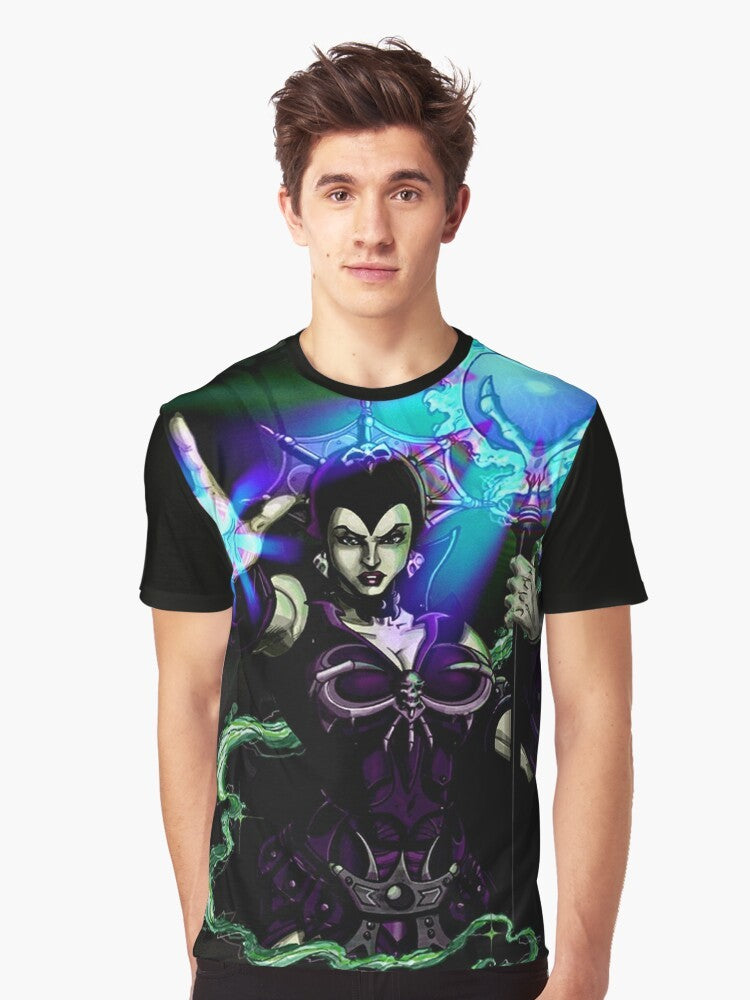 A dark and powerful graphic t-shirt featuring Evil Lyn, the iconic character from the He-Man universe. - Men