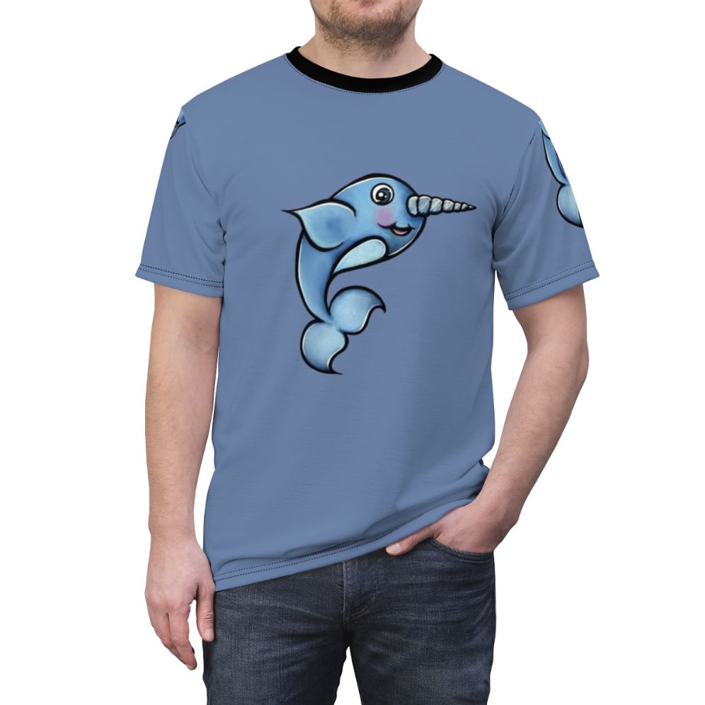 Illustration of a happy narwhal on a t-shirt design - men front