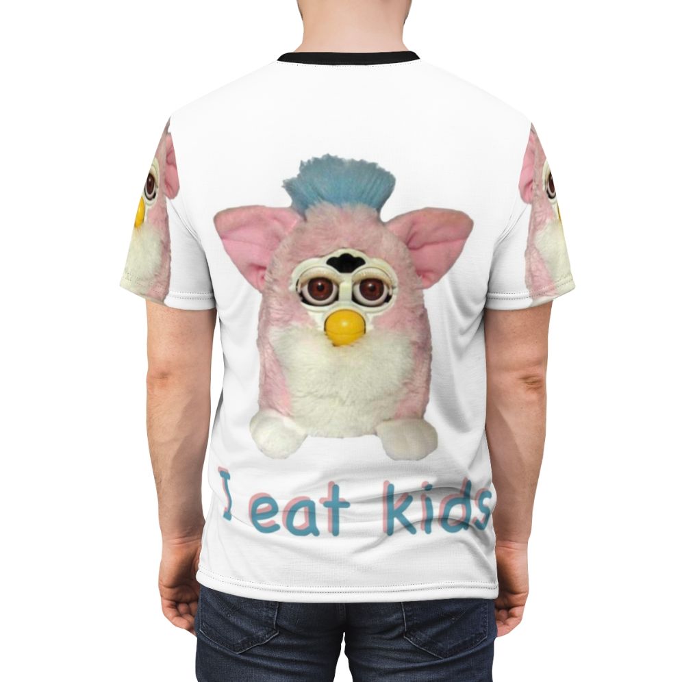 Graphical t-shirt design featuring a cursed Furby character with the text "I Eat Kids" - men back