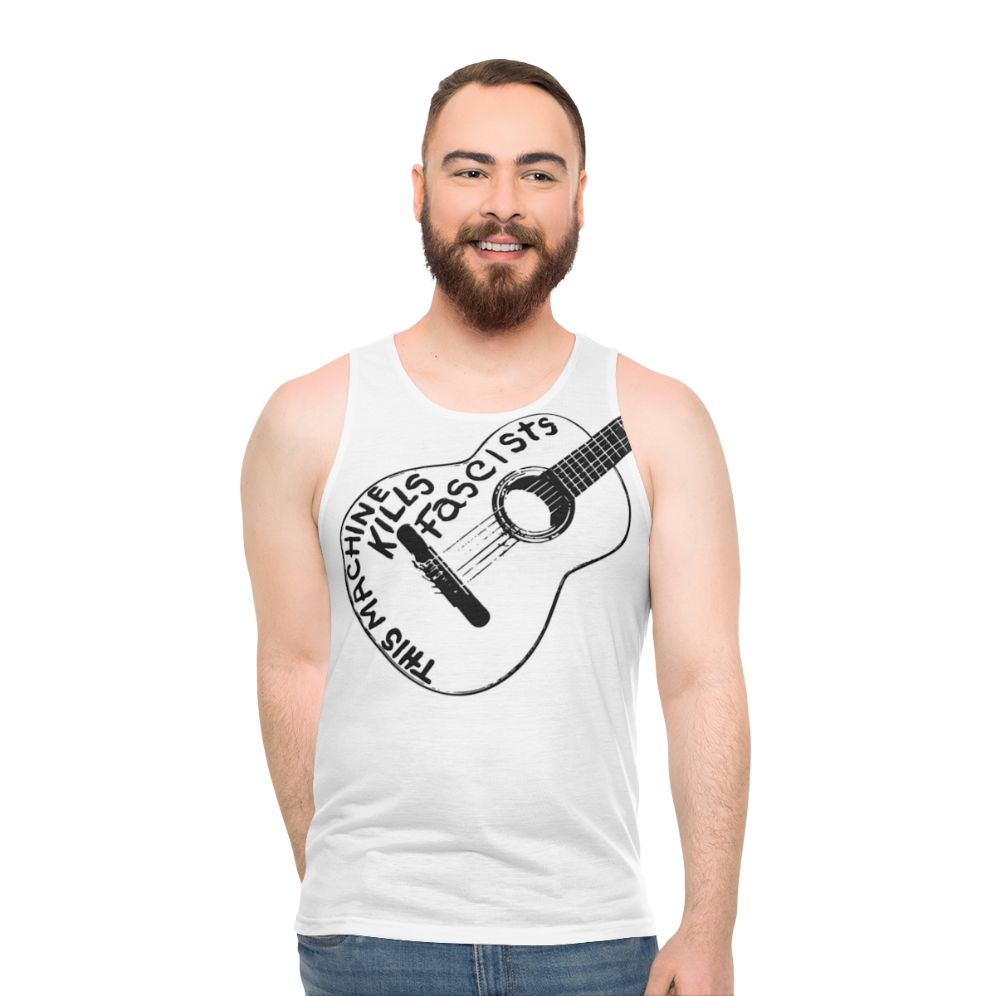 Unisex folk music tank top with "This Machine Kills Fascists" text - men