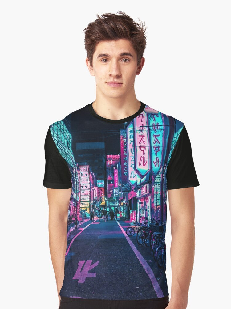 A graphic t-shirt featuring a neon-lit cityscape of Tokyo, with bright colors and a futuristic, cyberpunk-inspired design. - Men