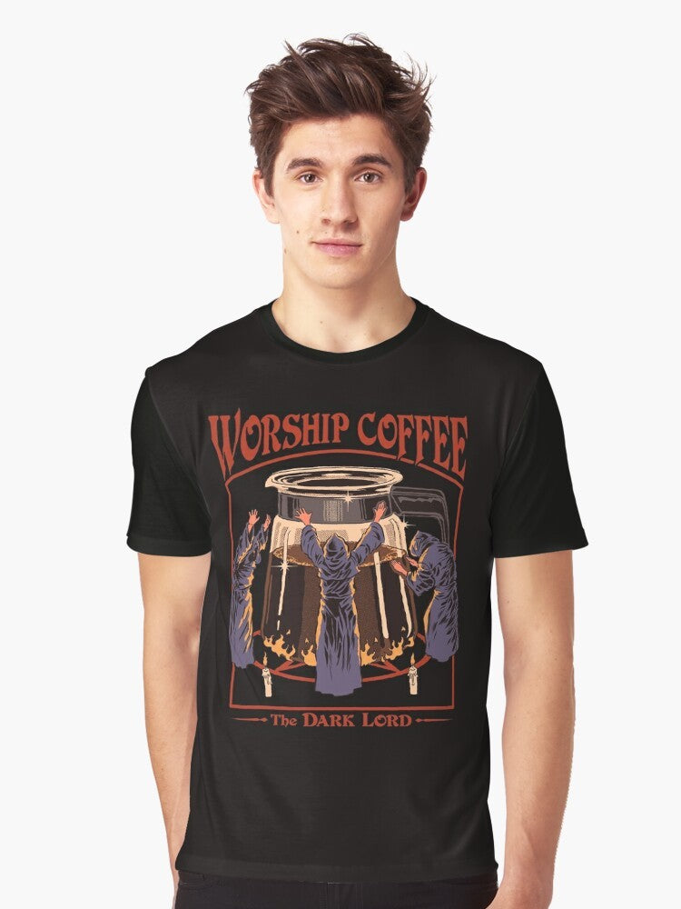 Vintage-style "Worship Coffee" graphic t-shirt design featuring a cult-like coffee ritual - Men