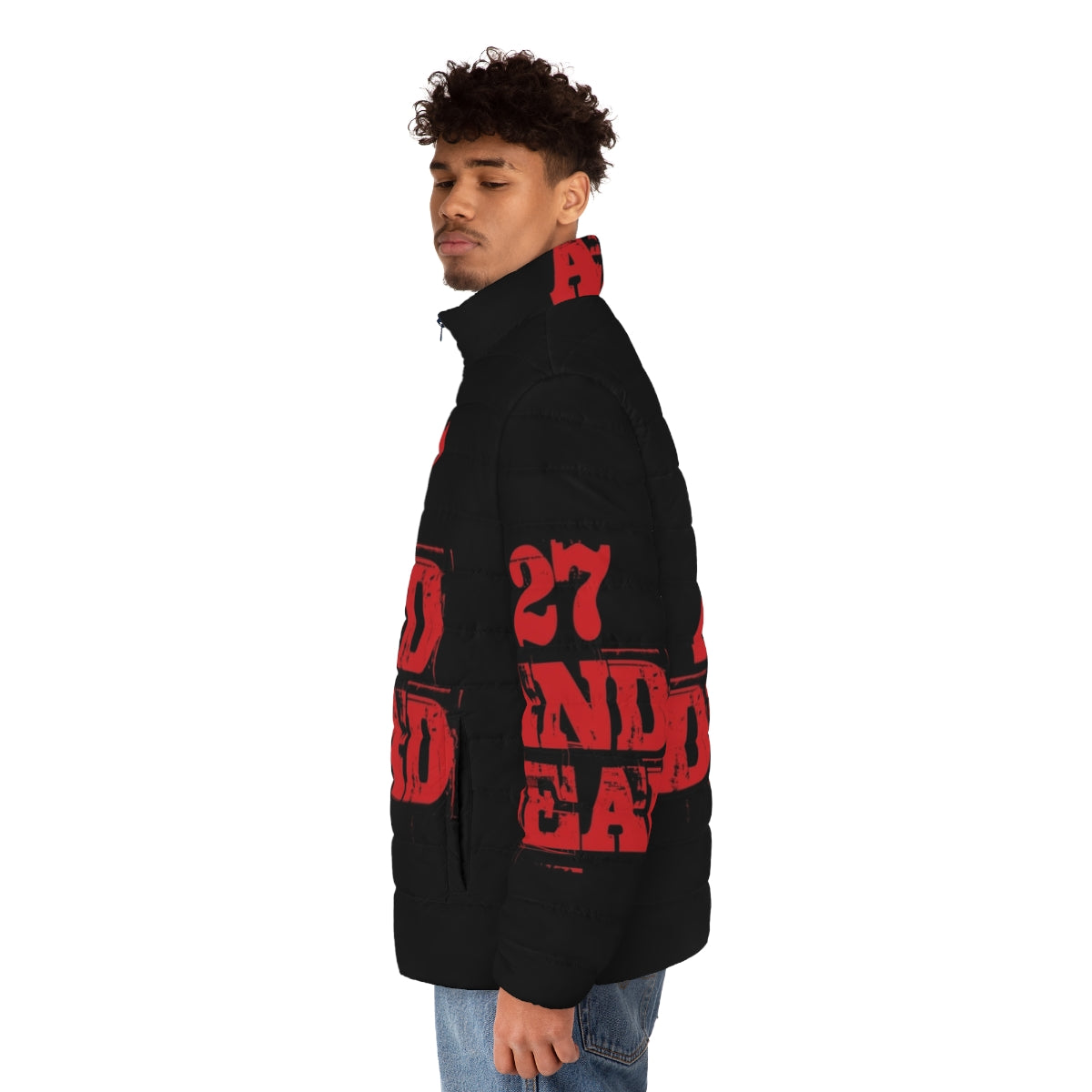 '27 and Dead' retro puffer jacket featuring pop culture references - men side left